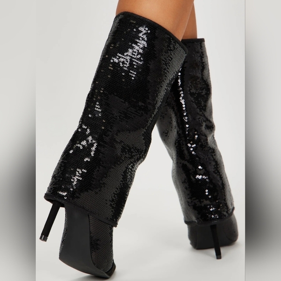 Size 11 Black Sequin Pointed Toe Slouch Boots - Picture 3 of 11